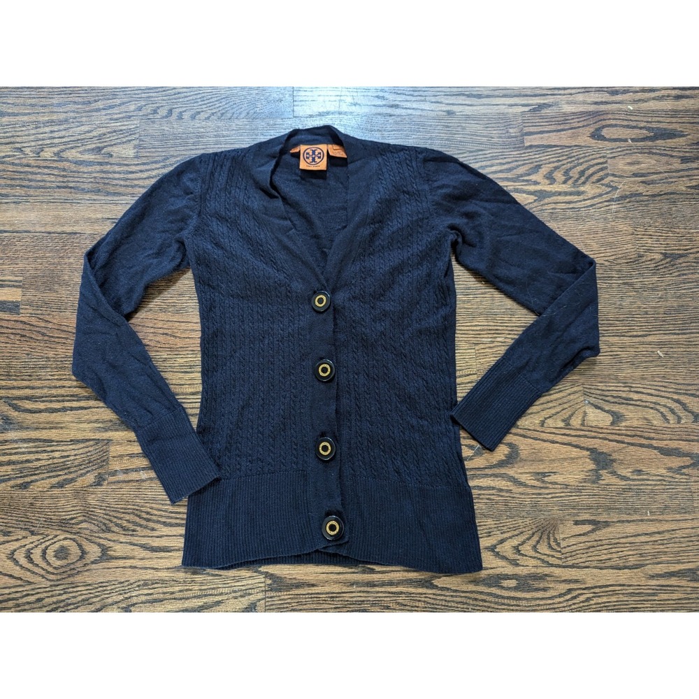 Tory Burch Sweater Size XS X Small Womens Navy Blue Cardigan Wool Button Front